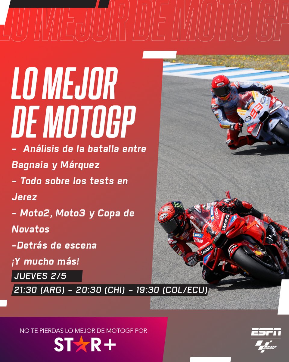 ¡Después de un fin de semana intenso y de los tests en #Jerez, es imposible que te pierdas el nuevo programa de #LoMejorDeMotoGP! 🤩🔥

📺 #ESPN4
⭐️ #StarPlusLA