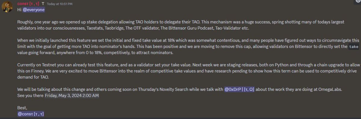 21RoundTable's tweet photo. Wish your bonus $TAO airdrops were instant + auto staked? GREAT NEWS!
@opentensor is allowing validators to change commission, replacing Daily Airdrops
Once live, #RoundTable21 will lower comms from 18% to 9% (half), giving the same extra APY automatically (no snapshots!)
