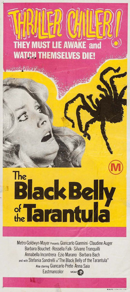 Australian film poster for #TheBlackBellyOfTheTarantula (1971 - Dir. #PaoloCavara) #GiancarloGiannini #ClaudineAuger #BarbaraBouchet #BarbaraBach