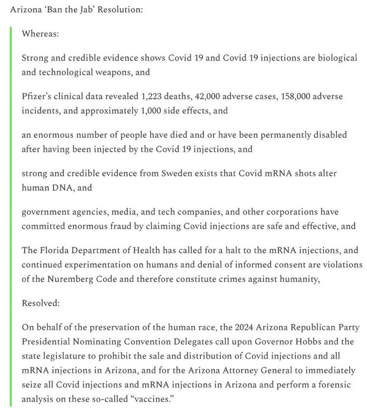 🚨 Arizona — whoa 🔥 The Arizona GOP Passed a Resolution Declaring the Covid Vaccines a Biological Weapon 🙌 • Led by State Committeeman, Dan Schultz, Arizona GOP passed the Ban the Jab resolution, declaring the shots biological and technological weapons • The resolution…