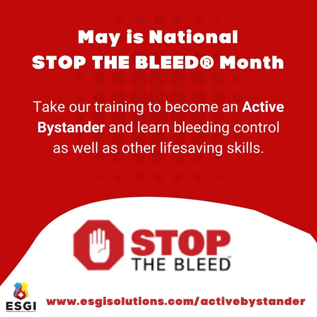 🩸 May is National #STOPTHEBLEED Month! Learn bleeding control and other lifesaving skills with our #ActiveBystander training.

View our upcoming classes below --
esgisolutions.com/teccregistrati…

#NSTBM #TECC #lifesaving #savealife #emergency #activeshooter #workplaceviolence