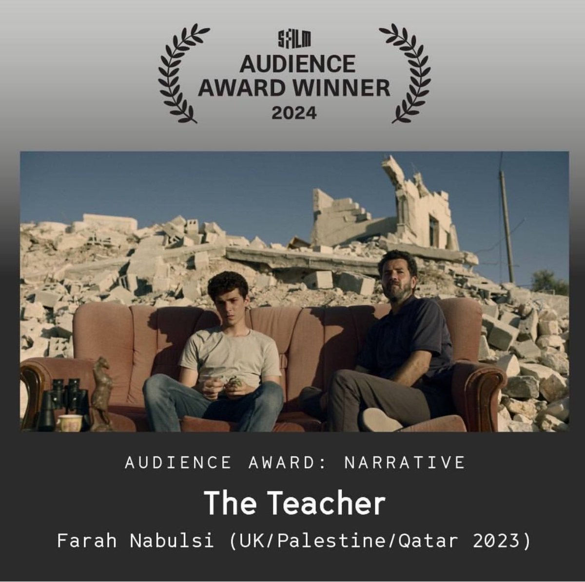 Absolutely thrilled THE TEACHER set & shot in militarily occupied and colonized Palestine has won the AUDIENCE AWARD at the 67th San Francisco International Film Festival. It’s the longest running film festival in the Americas and a fabulous team of organizers, programmers,…