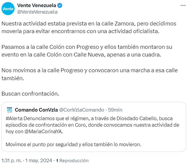#EsNoticia 🇻🇪 Equipo de María Corina denuncia que el régimen buscar causar confrontación 

El equipo de @ConVzlaComando explicó que a través de Diosdado Cabello, se intenta episodios de confrontación en Coro y @VenteVenezuela indicó cómo se convocaron concentraciones cerca…