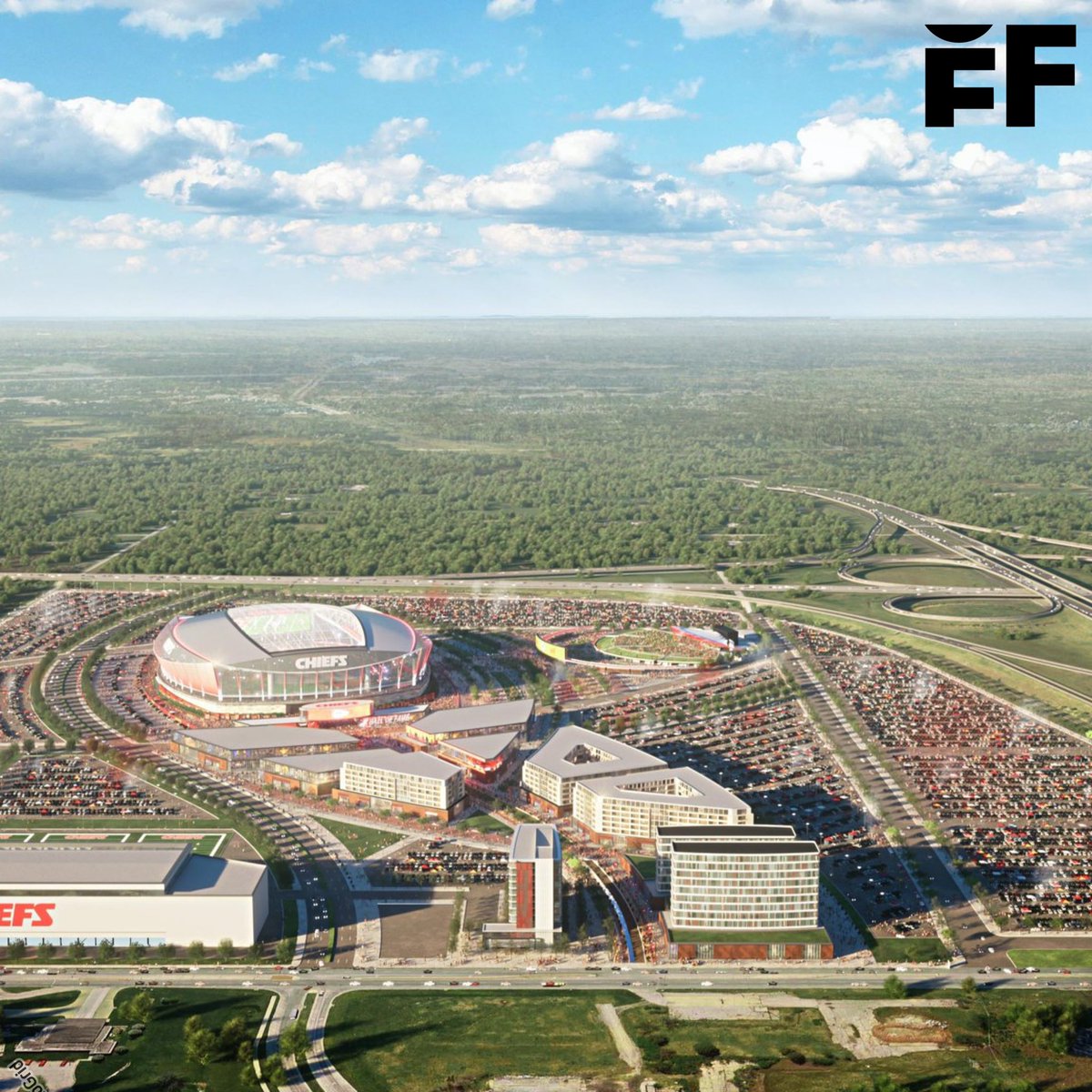 Designs for a new domed Chiefs stadium district have been shown to lawmakers in Kansas, per @fox4kc. The stadium district would be built near the Kansas Speedway—across state lines and about 20 miles from Arrowhead Stadium.
