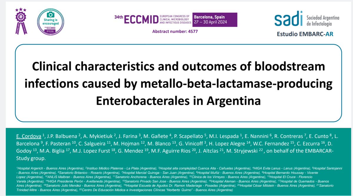 Results from a subanalysis of the EMBARCAR study group (Argentina). CAZ/AVI-ATM was associated with lower mortality in conparison to other active antimicrobial treatments in severe BSI due to MBL-Enterobacterales.  @SADI_arg #ESCMIDGlobal2024 #eccmid2024