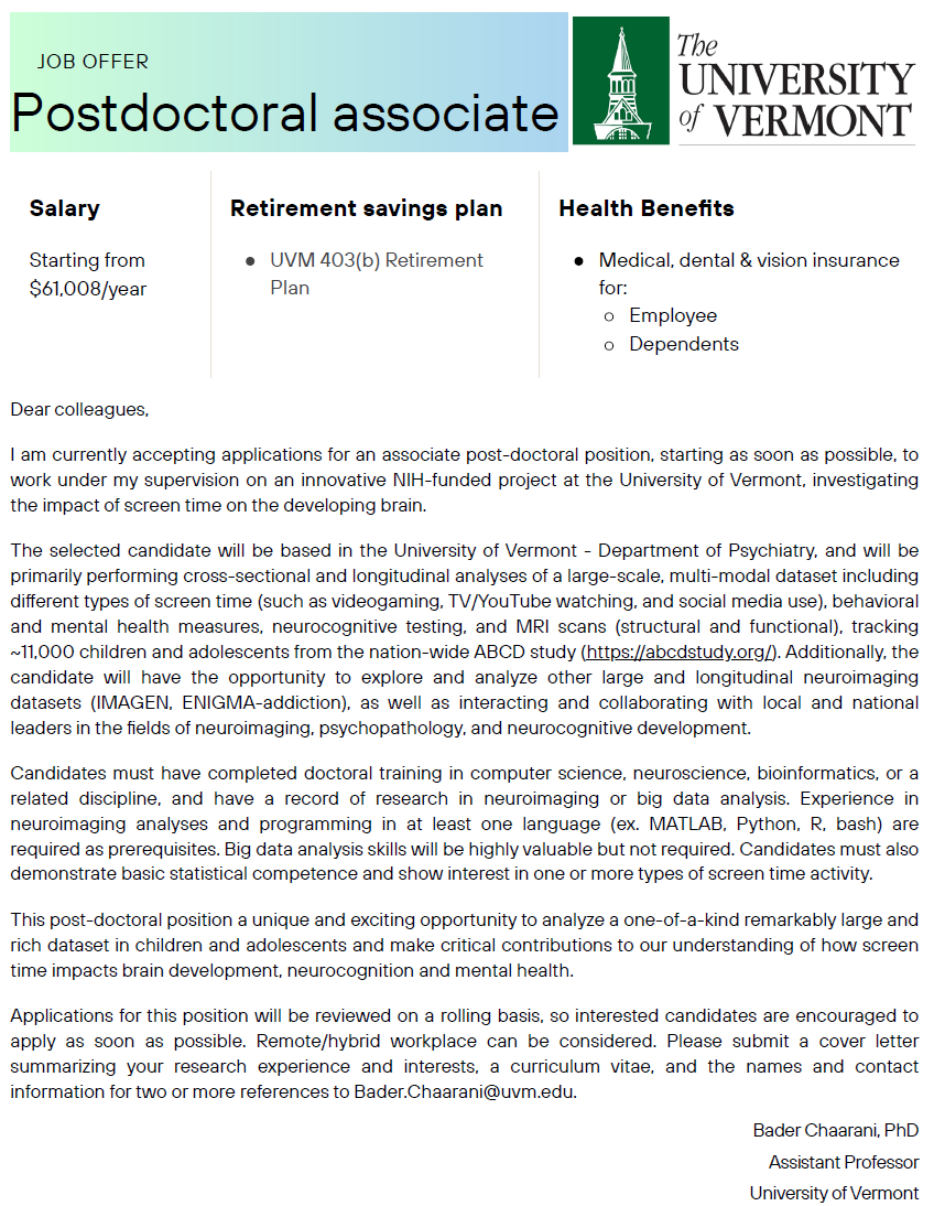 I'm on the hunt for a #postdoctoral associate to join me at #uvm asap, to unravel the mysteries of how all those hours of binge-watching, video gaming, and social media scrolling are rewiring the brains of our youth. Know anyone who might be interested?#neuroimaging #neuroscience