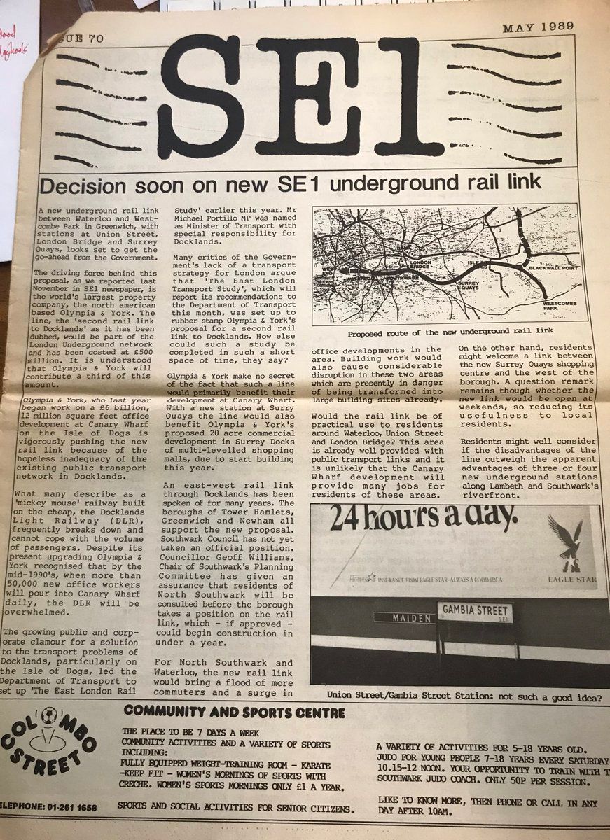 35 years ago - in May 1989 - the SE1 community newspaper was reporting on what became the Jubilee line extension. It opened a decade later, in 1999.