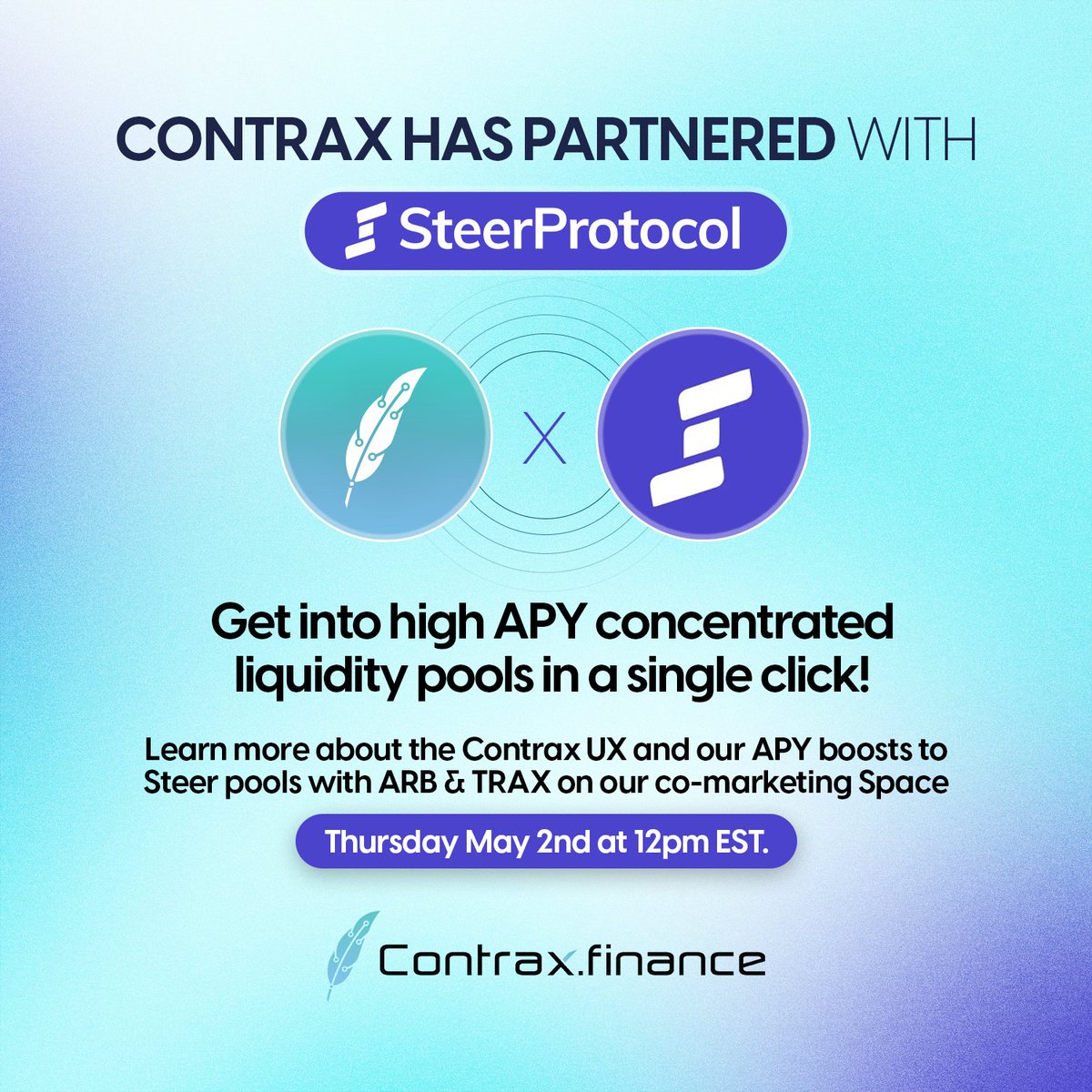 RSVP to the Contrax X Steer space tomorrow, Thurs May 2nd at 12pm EST: twitter.com/i/spaces/1MYxN… Contrax has partnered with Steer protocol to bring you re-balancing concentrated Sushi pools on Arbitrum! Not only are you rapidly collecting trading fees, but we also give you xTRAX…