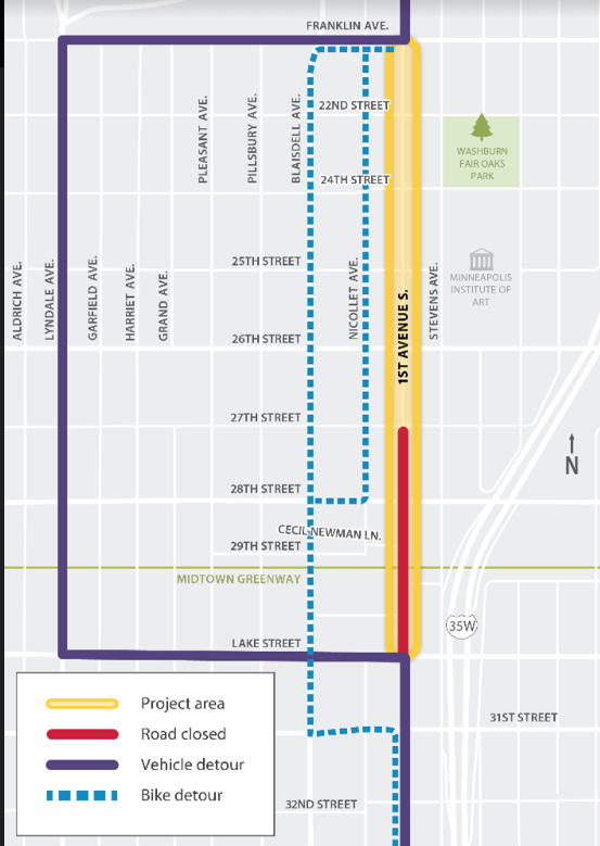 NEW NEWS: Construction on 1st Avenue starts tomorrow, May 2. 1st Ave. WILL BE CLOSED between 27th St. and Lake St.