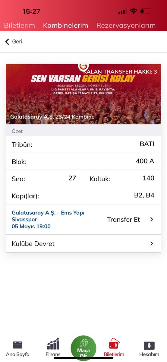 #kombine #Galatasaraybilet #galatasaraykombine #bilet #devir
 #kombinevar #GALATASARAY #kombinedevir #galatasaraymacıbileti 

Galatasaray-Sivas 
Maçına BATI  ÜST 
400. BLOK MEVCUTTUR.
2 ADET VARDIR YAN YANADIR.
401. BLOK 1 ADET VARDIR.
Toplam 3 ADET BİLET.
İletişim 0532 419 18 70