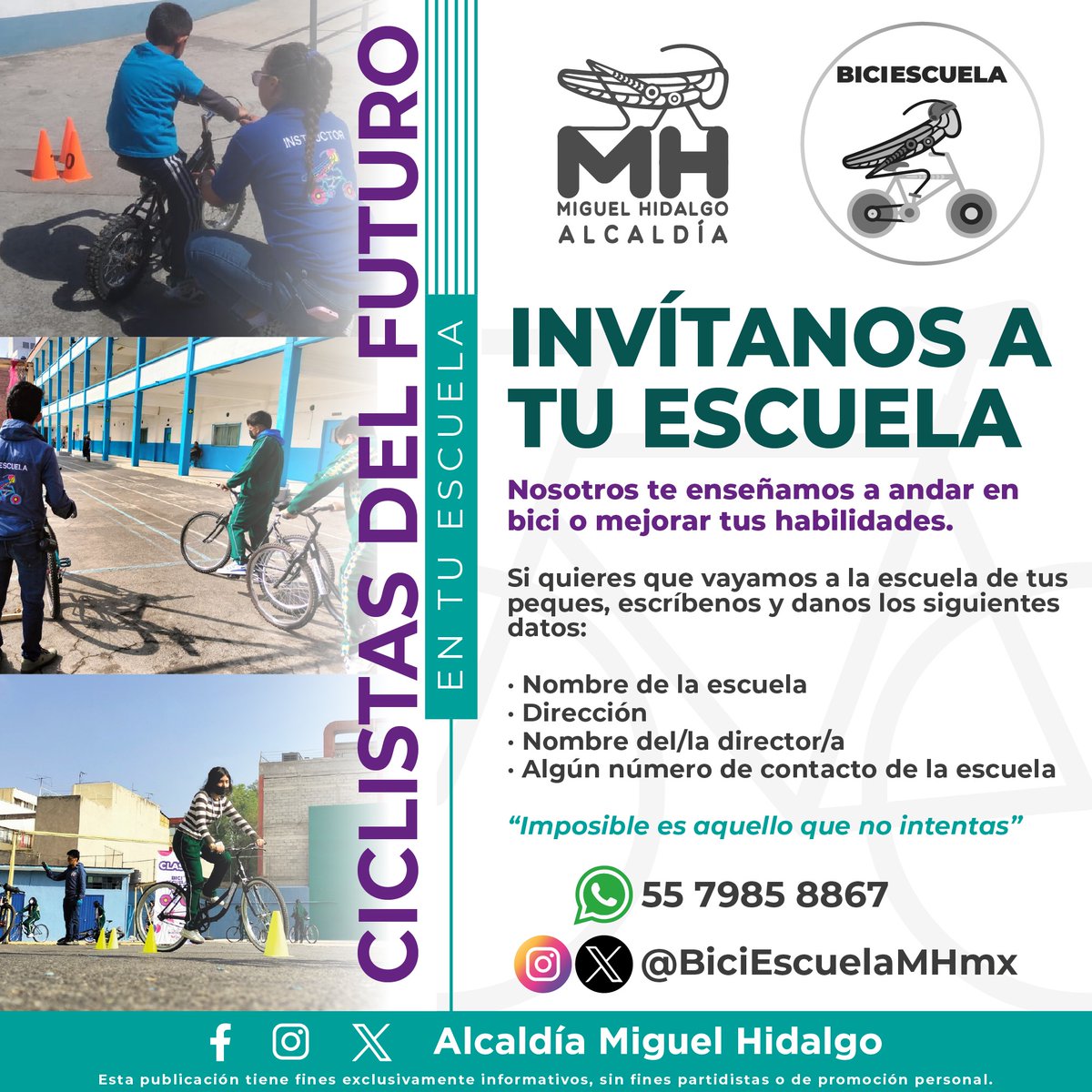 ¿Te gustaría que tu hij@ mejore sus habilidades con la bicicleta? Contacta con la @BiciEscuelaMHmx a través del WhatsApp que aparece en la postal e inscribe a tu escuela.