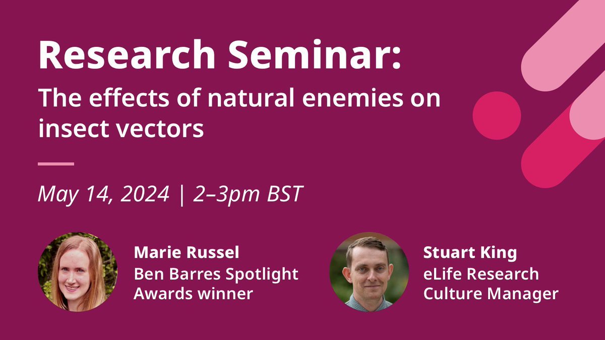 Join 2023 Ben Barres Spotlight Award winner @MarieRussellPhD to hear the latest on the effects of natural enemies on insect vectors, followed by a Q&A about our new model with eLife Research Culture Manager @StuartRFKing. Register here: imperial-ac-uk.zoom.us/webinar/regist…
