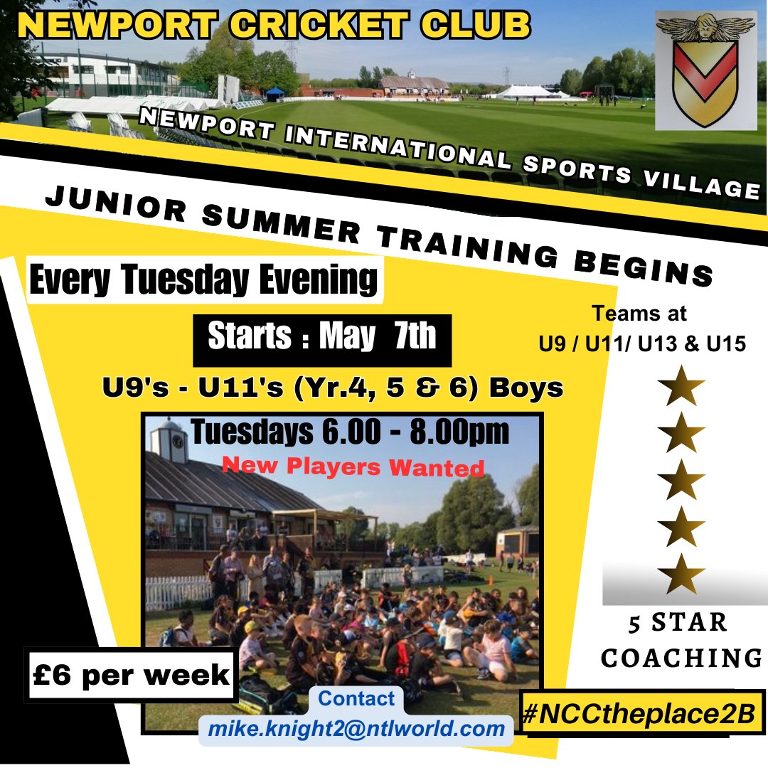 Junior Cricket starts @newportcricketc on Tuesday, May 7th & Every Tuesday following (6.00 - 8.00pm). Wear PE Kit, All equipment will be provided. New and existing players welcome. £6 per week Contact Mike Knight 07793823294 #NCCtheplace2B