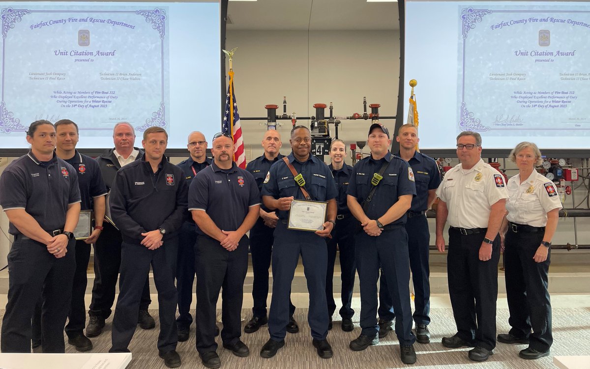 FCFRD Recognizes DFR Members with Unit Citation Award Today, DFR personnel traveled to Fairfax County’s Public Safety Headquarters to receive unit awards from Fairfax County Fire and Rescue Department for a rescue they participated in August of 2023. facebook.com/PWCFireRescue