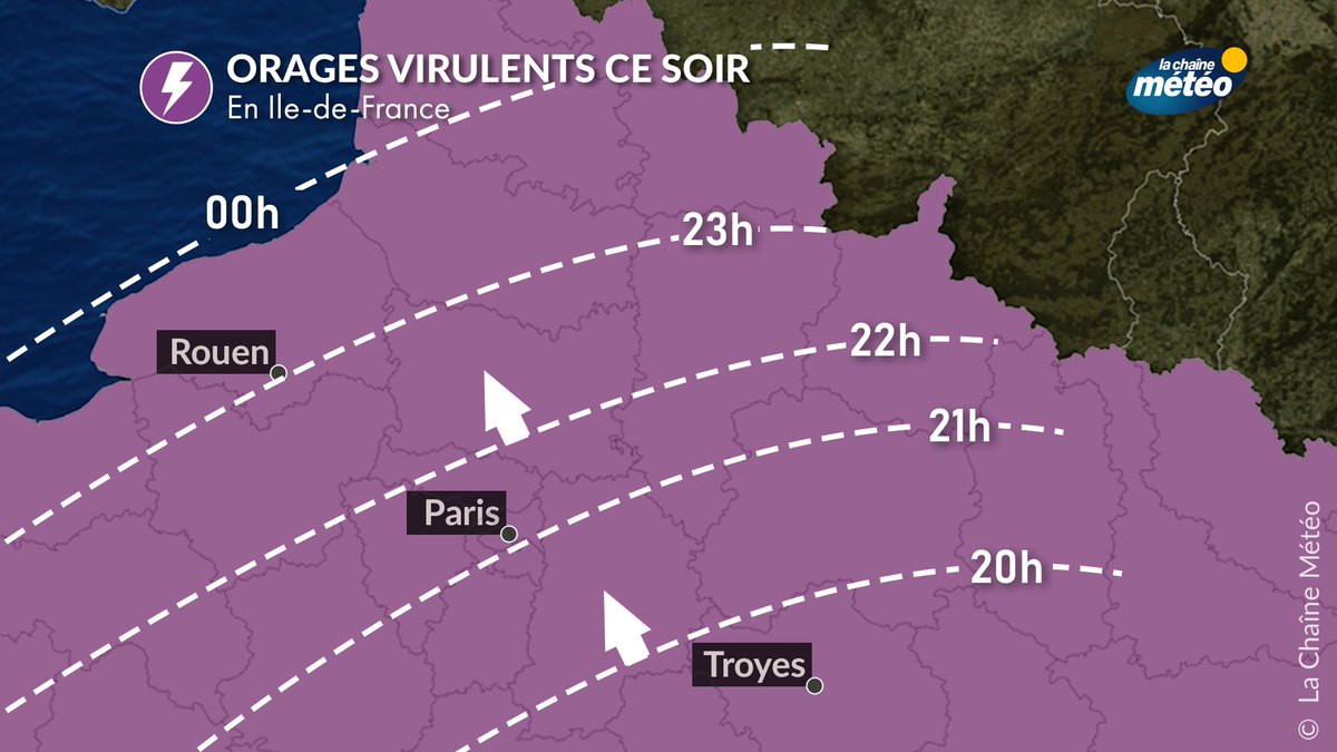 ⚡️Voici la chronologie des #orages qui traversent la région parisienne ce soir avant de gagner la Normandie et les Hauts-de-France.