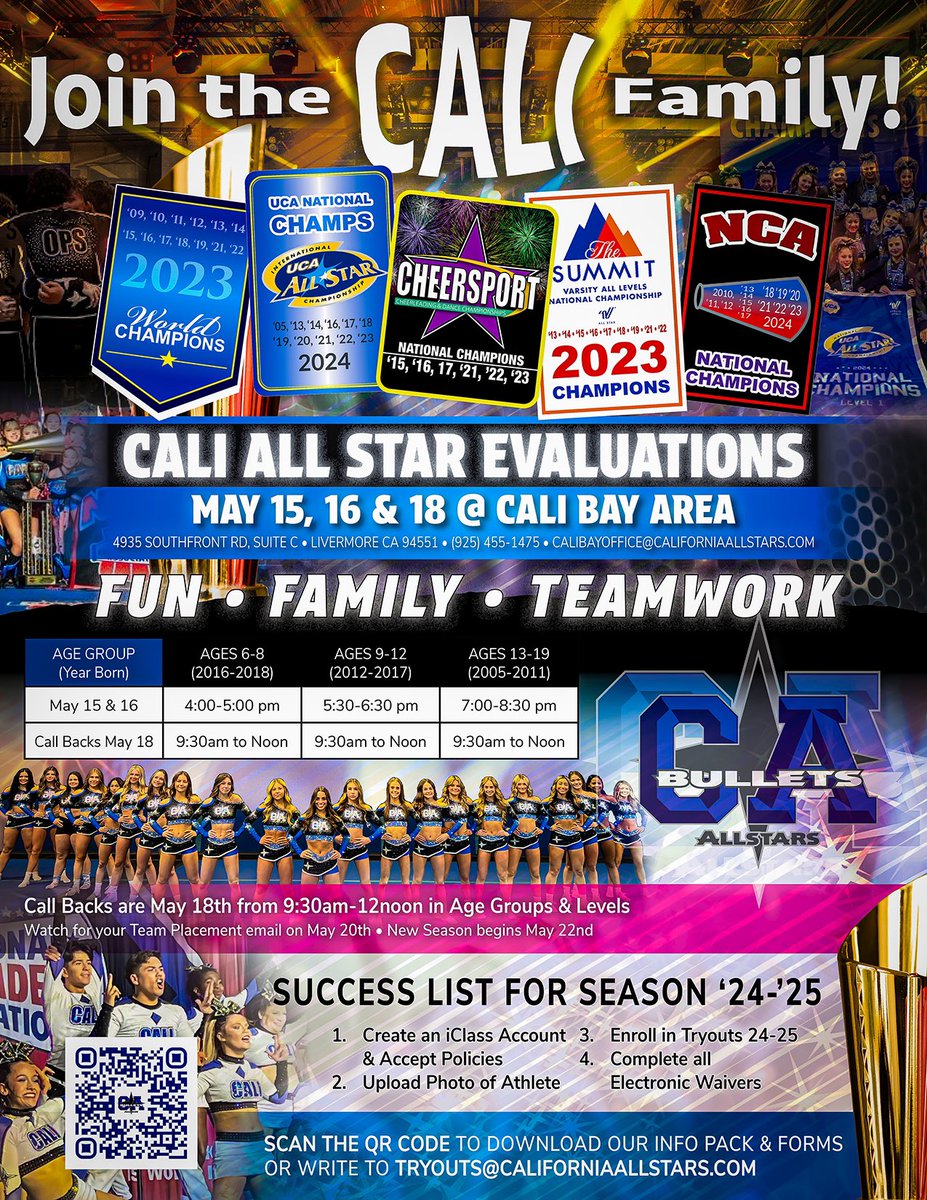 CALI BAY AREA TRYOUTS! DATES/AGE GROUPS: 🥇 5/15 4-5pm Ages: 6-8 5:30-6:30p Ages: 9-12 7:00-8:30p Ages: 13-19 🥇5/16 4-5pm Ages: 6-8 5:30-6:30p Ages: 9-12 7:00-8:30p Ages: 13-19 🥇5/18 Call Backs from 9:30am-12pm in Age groups & Levels 🌟Flyer Tryouts 🌟Worlds CALL BACKS
