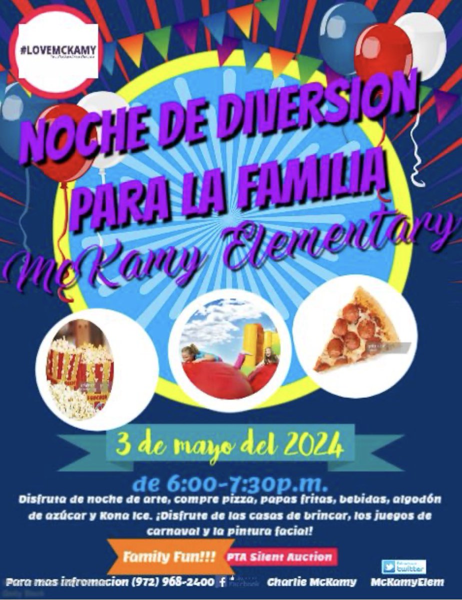 📣 Reminder that this Friday May 3, 6-7:30pm is Family Fun Night! Come for the games, face painting, PTA silent auction and so much more! You won’t want to miss this! Food will be available for purchase. See you there! @CFBISD @mpruitt1 @msklarer #lovemckamy 💜💛