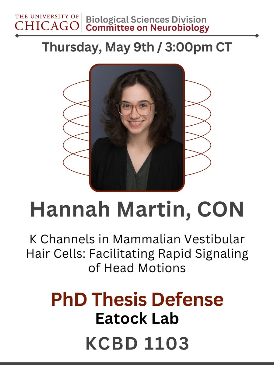 We have two PhD Thesis Defenses coming up next week! Please join us to learn about the research of Nikita Mehta (CON - Mastrianni Lab) and Hannah Martin (CON - Eatock Lab)! 🗓️Thursday, May 9th | KCBD 1103 #PhDThesisDefense #Neurobiology