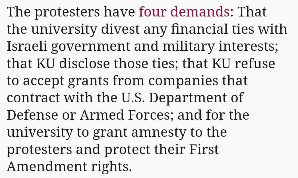 Genuine question about the KU protests: would the below demands include ending scholarships for US military servicemembers and family members? I’m hoping that would be a couple steps outside of what the demand’s intent is