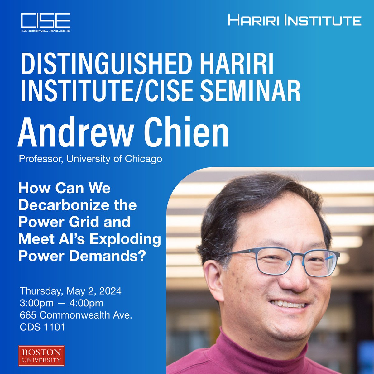 Join us this Thursday to hear Andrew Chien's CISE Seminar at CDS 1101 from 3-4PM! Read the abstract here: bu.edu/cise/distingui…