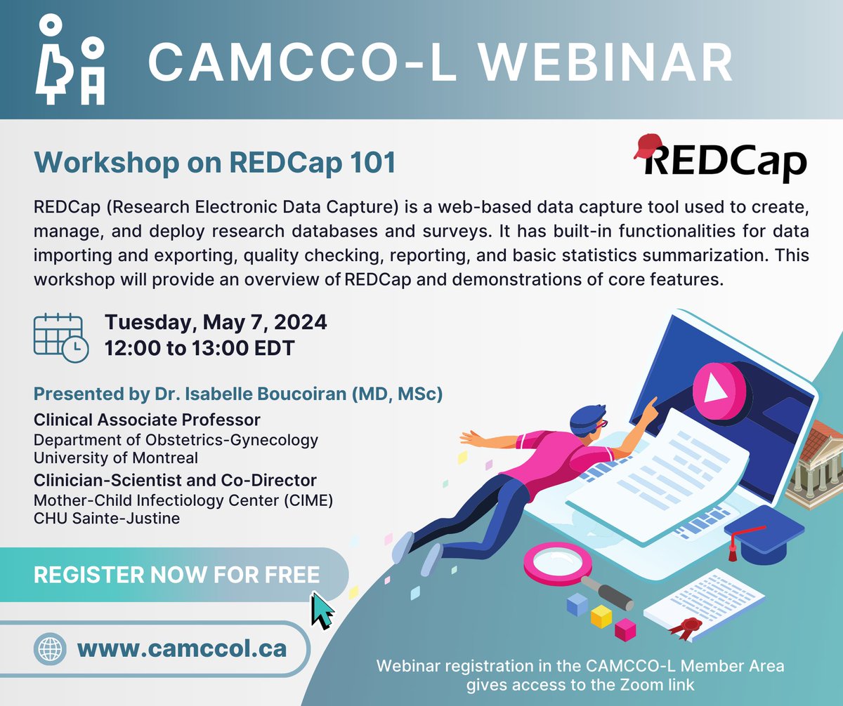 Join @CamccoL on May 7 for their webinar - Workshop on REDCap 101. The webinar, presented by Dr. Isabelle Boucoiran, will provide an overview of REDCap and demonstrations of core features. Register today: bit.ly/4ctM0Z0