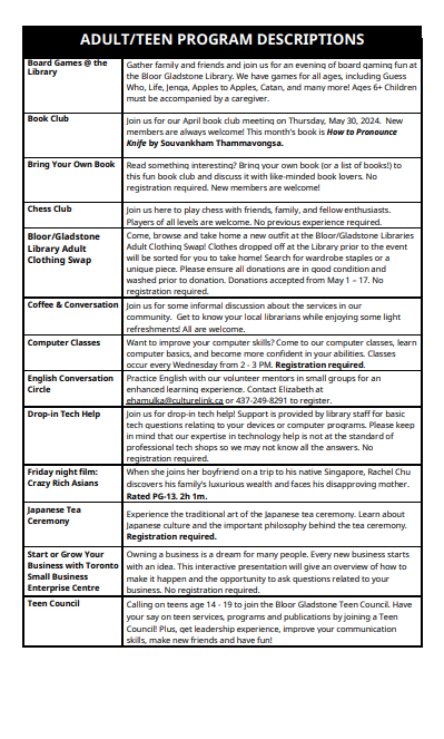 TPLBLGladstone's tweet image. Our May calendars are now available at our branch. Check out the fantastic programs offered at the Bloor/Gladstone Branch!  #torontopubliclibrary #MayPrograms #itsgonnabemay