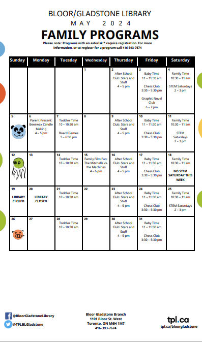 TPLBLGladstone's tweet image. Our May calendars are now available at our branch. Check out the fantastic programs offered at the Bloor/Gladstone Branch!  #torontopubliclibrary #MayPrograms #itsgonnabemay