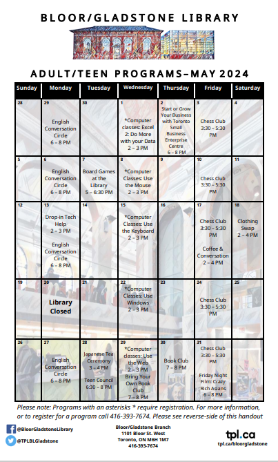 TPLBLGladstone's tweet image. Our May calendars are now available at our branch. Check out the fantastic programs offered at the Bloor/Gladstone Branch!  #torontopubliclibrary #MayPrograms #itsgonnabemay