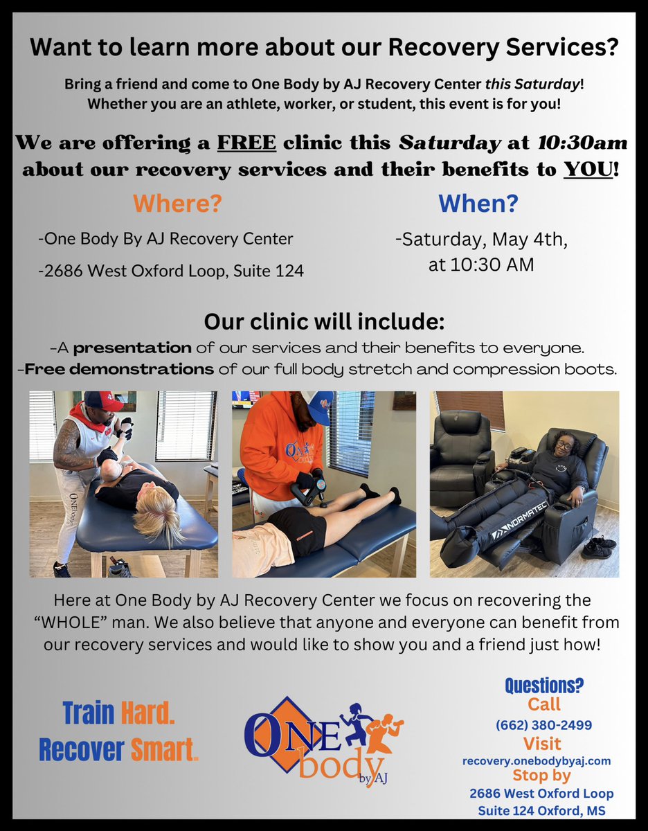 🔸🔹OXFORD COMMUNITY FREE CLINIC🔹🔸 One Body Recovery welcomes you, your friends & family to come to our FREE Clinic Saturday May 4th at 10:30am. Our goal is to teach & demonstrate our recovery services. #oxfordms #onebodybyajrecoverycenter #recovery #stretching #clinic