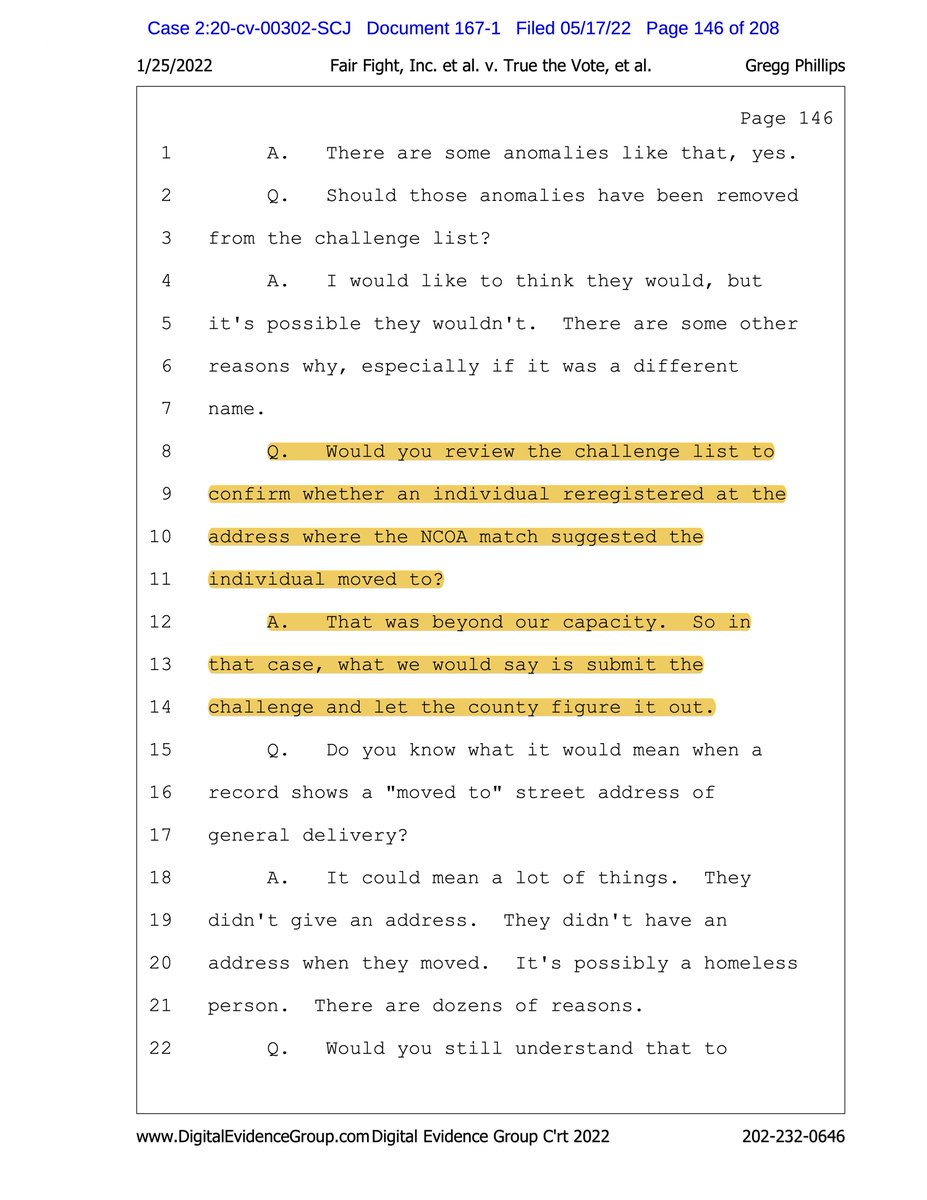 ⚖️ Fair Fight v. True The Vote Gregg Phillips Deposition ~ Jan 2022 Q: Did you review the 364,541 challenges for voters who had re-registered to vote at the new address you got from NCOA data? Gregg Phillips: We would submit the challenge and let the county figure it out.