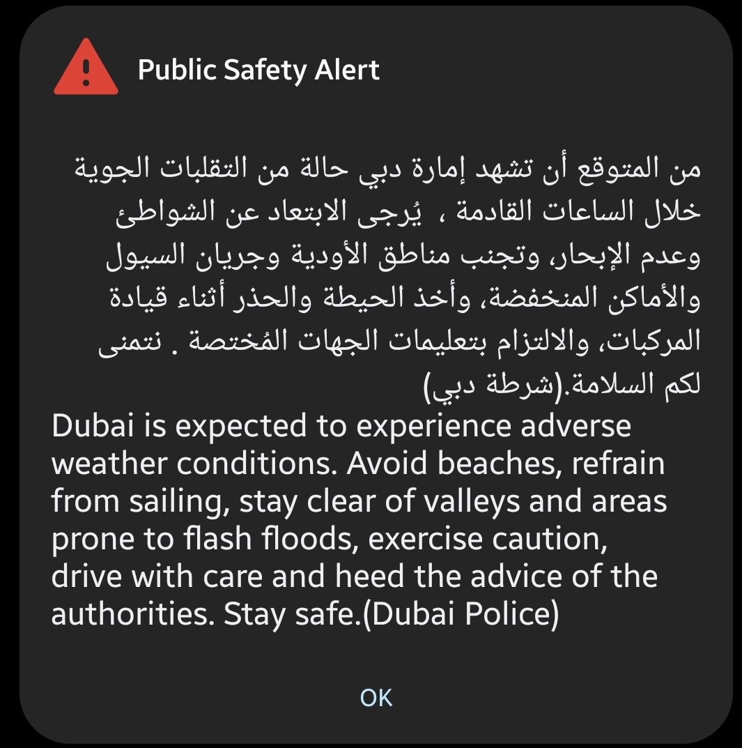 #BreakingNews
The UAE will close all roads leading to valleys, flooded areas and dams as unstable weather conditions peak in the country.

Residents have been told to stay away from mountain and desert areas, and the sea, over the next few days.

#uaeweather #uaerains #remotework