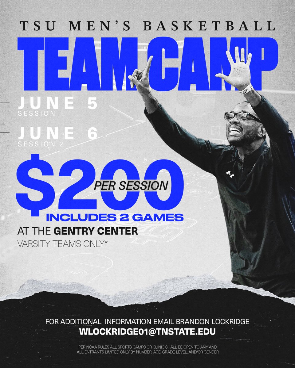 𝐂𝐚𝐦𝐩 𝐖𝐢𝐭𝐡 𝐔𝐬 ⛺️🏀 🗓️ @coachpenny1 wants to see you at Team Camp on June 5th and 6th 💸 $200 per varsity team guarantees 2️⃣ games on the Gentry Center floor 📧 Email Brandon Lockridge, wlockridge01@tnstate.edu for more details #RoarCity x #D2W