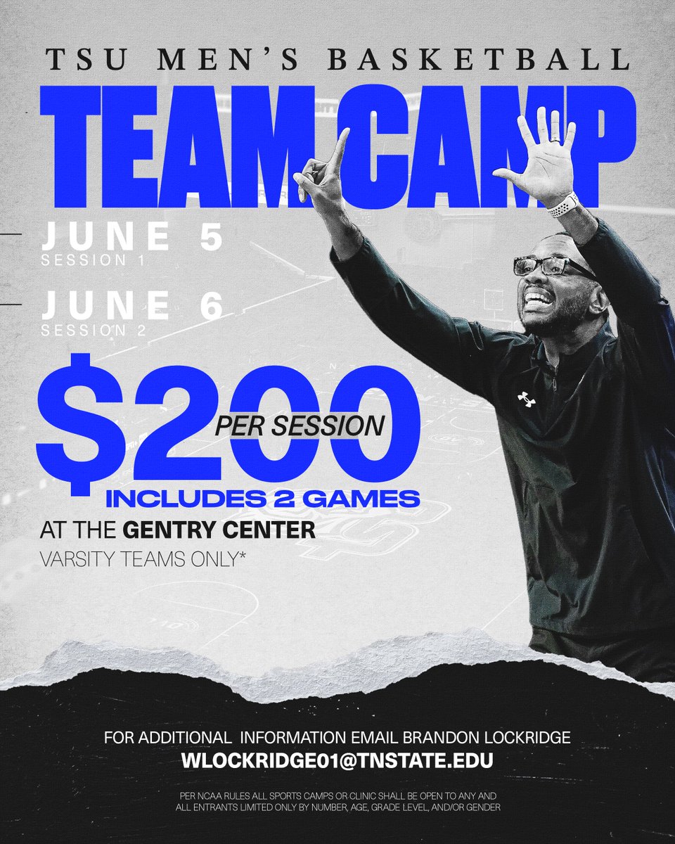 Tennessee State Men's Basketball (@tsutigersmbb) on Twitter photo ๐๐๐ฆ๐ฉ ๐๐ข๐ญ๐ก ๐๐ฌ โบ๏ธ๐
๐๏ธ <a href="/coachpenny1/">Brian โPennyโ Collins</a> wants to see you at Team Camp on June 5th and 6th
๐ธ $200 per varsity team guarantees 2๏ธโฃ games on the Gentry Center floor
๐ง Email Brandon Lockridge, wlockridge01@tnstate.edu for more details
#RoarCity x #D2W ๐๐๐ฆ๐ฉ ๐๐ข๐ญ๐ก ๐๐ฌ โบ๏ธ๐
๐๏ธ <a href="/coachpenny1/">Brian โPennyโ Collins</a> wants to see you at Team Camp on June 5th and 6th
๐ธ $200 per varsity team guarantees 2๏ธโฃ games on the Gentry Center floor
๐ง Email Brandon Lockridge, wlockridge01@tnstate.edu for more details
#RoarCity x #D2W