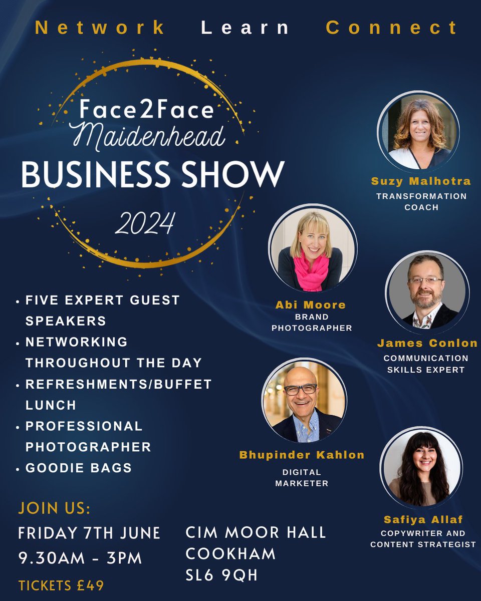 Face2FaceDirect's tweet image. I will be hosting the Face2Face Maidenhead Business Show 2024 on Friday 7th June 🎉 It will be a full day with 5 key speakers &amp;amp; networking in between. Plus lunch, refreshments, photographer, goodie bags &amp;amp; free parking at the Cookham Moor Hall!

eventbrite.co.uk/e/face2face-ma…

#network