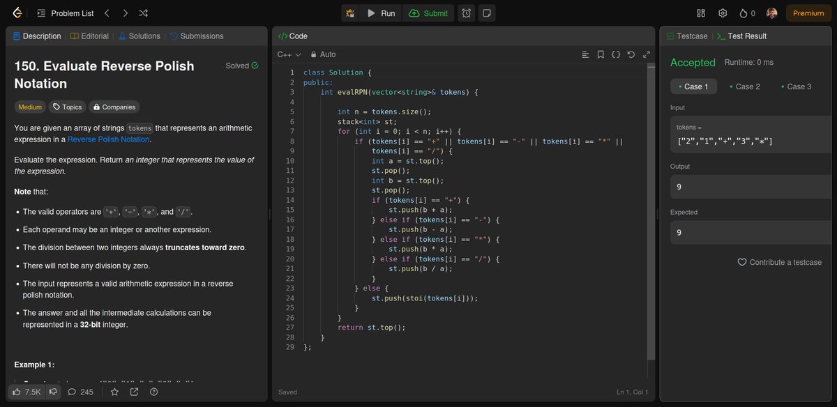 Day 60 of #100DaysOfCode
Today's DSA Problems:
1. Daily Temperature  ( LeetCode Medium),
similar to Next Greater Element.
2. Evaluate Reverse Polish Notation ( LeetCode Medium)
similar to postfix expression evaluation.

#CodeJourney #ProblemSolving #Algorithms