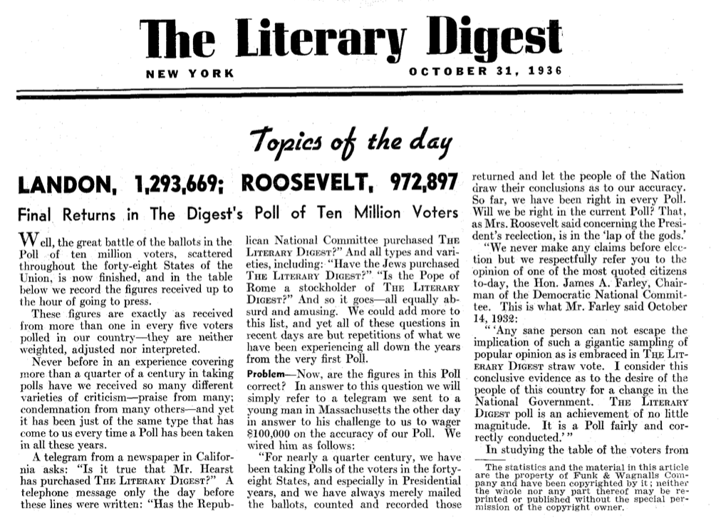 Wait until Robert F Kennedy Jr finds out about the sample size of the 1936 Literary Digest poll