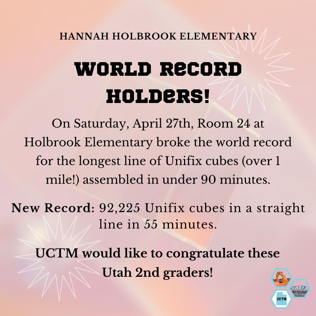 🎉🌟 They did it! 🌟🎉 Holbrook Elementary broke a WORLD RECORD! Thanks to partnering with Didax, the students of room 24 linked over 92,000 Unifix cubes in a straight line, spanning over 1 mile, in under 90 minutes! 🚀 🙌 #RecordBreakers #UtahEducators #MtBos #IteachMath #UCTM