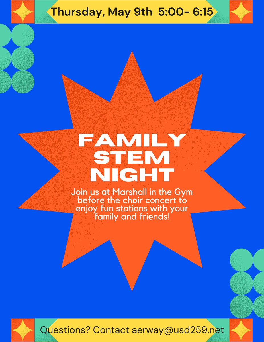 Join us next Thursday for our Family STEM night! 
#WPS #WPSProud #WeareMarshall #SomosMarshall @WichitaUSD259