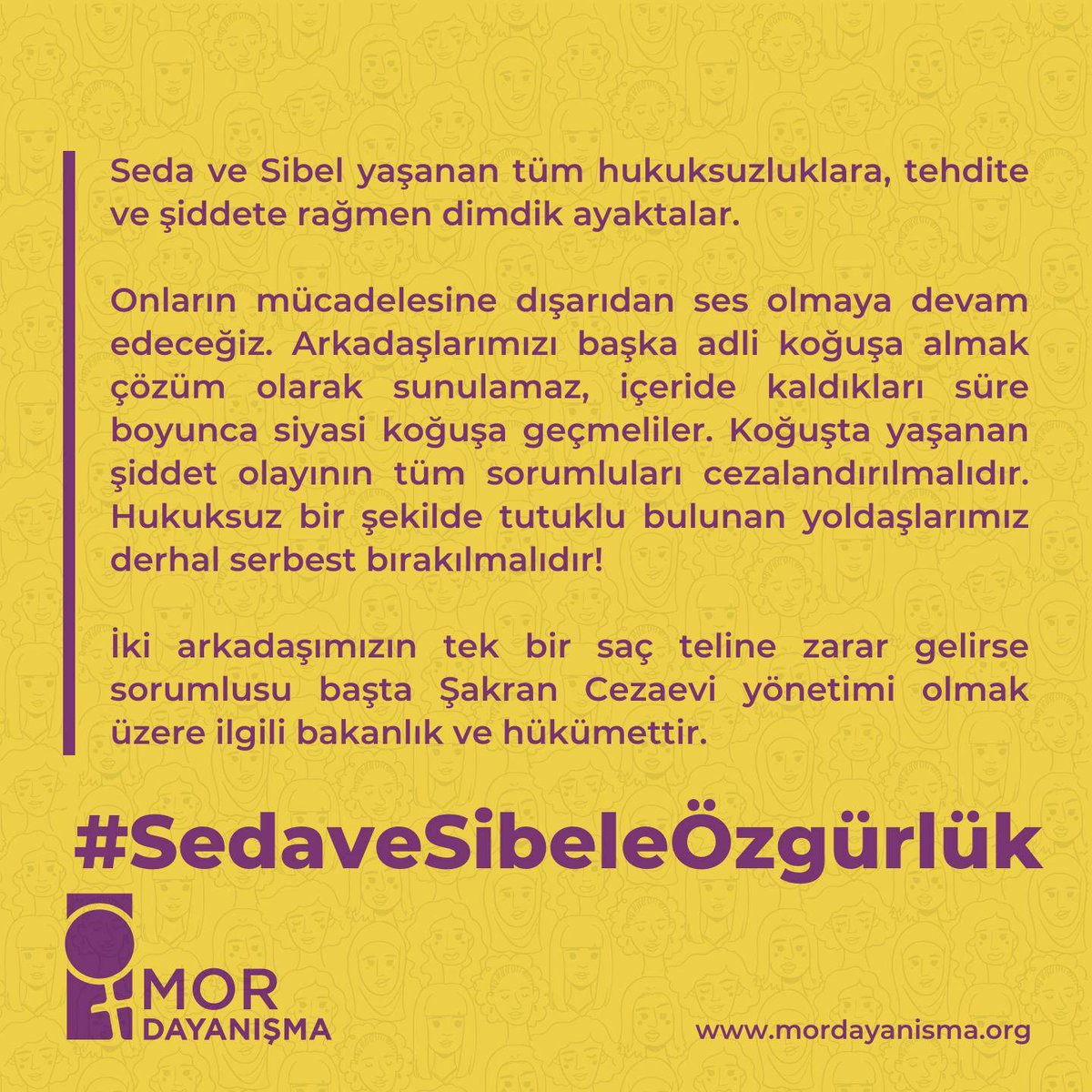 İzmir Mor Dayanışma üyemiz Sibel Örkmez ve mücadele arkadaşımız TÖP Çocuk Hakları Meclisi İzmir Sözcüsü Sedanur Uğur 3 Nisan'dan beri tutuldukları Şakran Cezaevinde saldırıya uğraması üzerine açıklamamız👇 #SedaveSibeleÖzgürlük