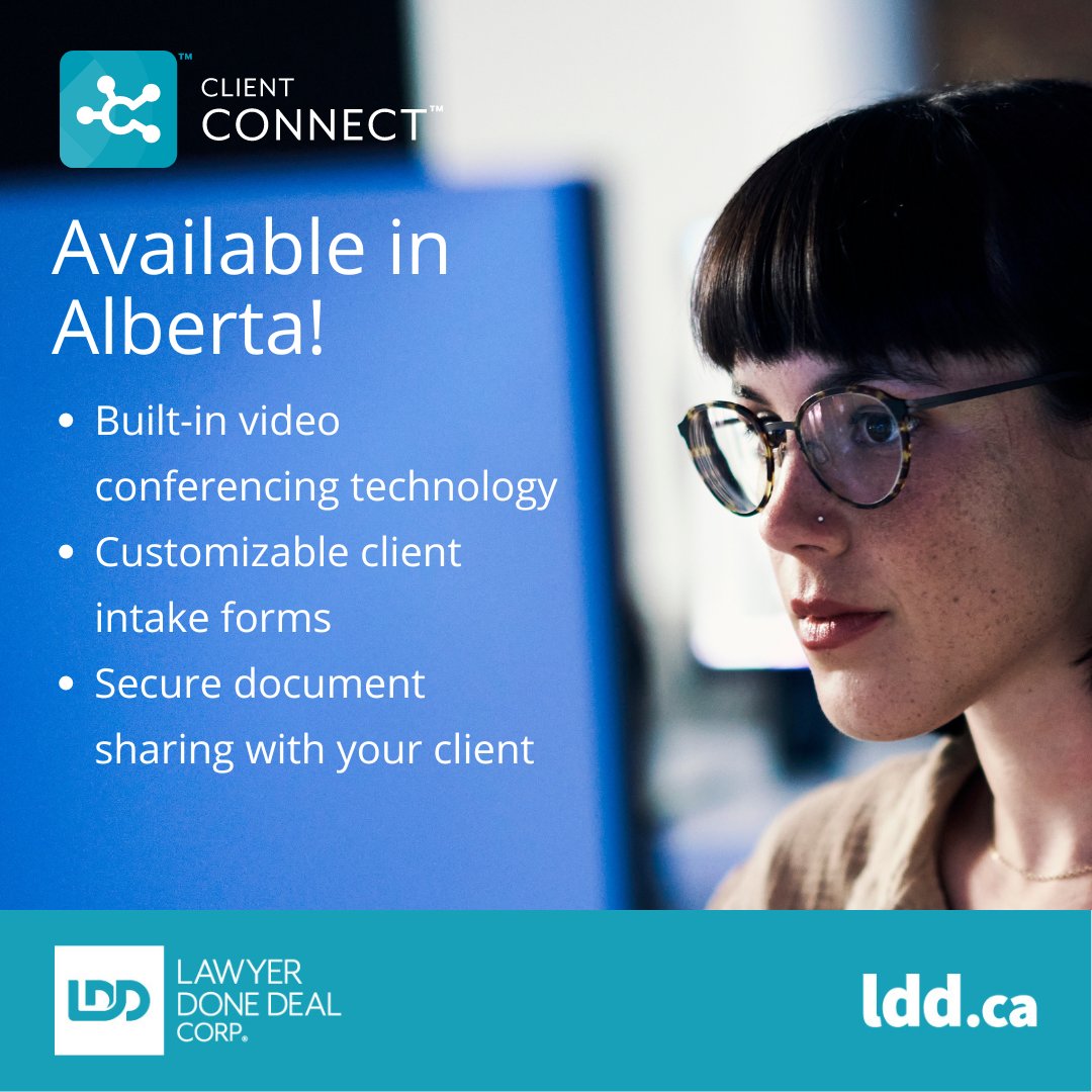 ClientConnect is available in Alberta. From customizable client intake forms and retainer agreements to built-in video conferencing and secure document sharing with your clients.

Join our upcoming webinar on May 7! ow.ly/ZBwM50RtXi5

#LegalTech