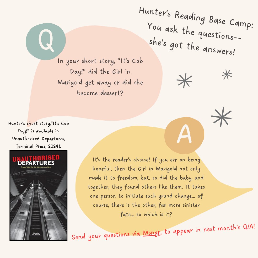 Hunter’s Reading Base Camp: You ask the question-she’s got the answer! (Send your questions via Msngr, to appear in next month’s Q/A!) 

*“It’s Cob Day!” is avail. in Unauthorized Departures, Terminal Press, '24). shorturl.at/bmACT #authorchat #authortalk #scifi #horror