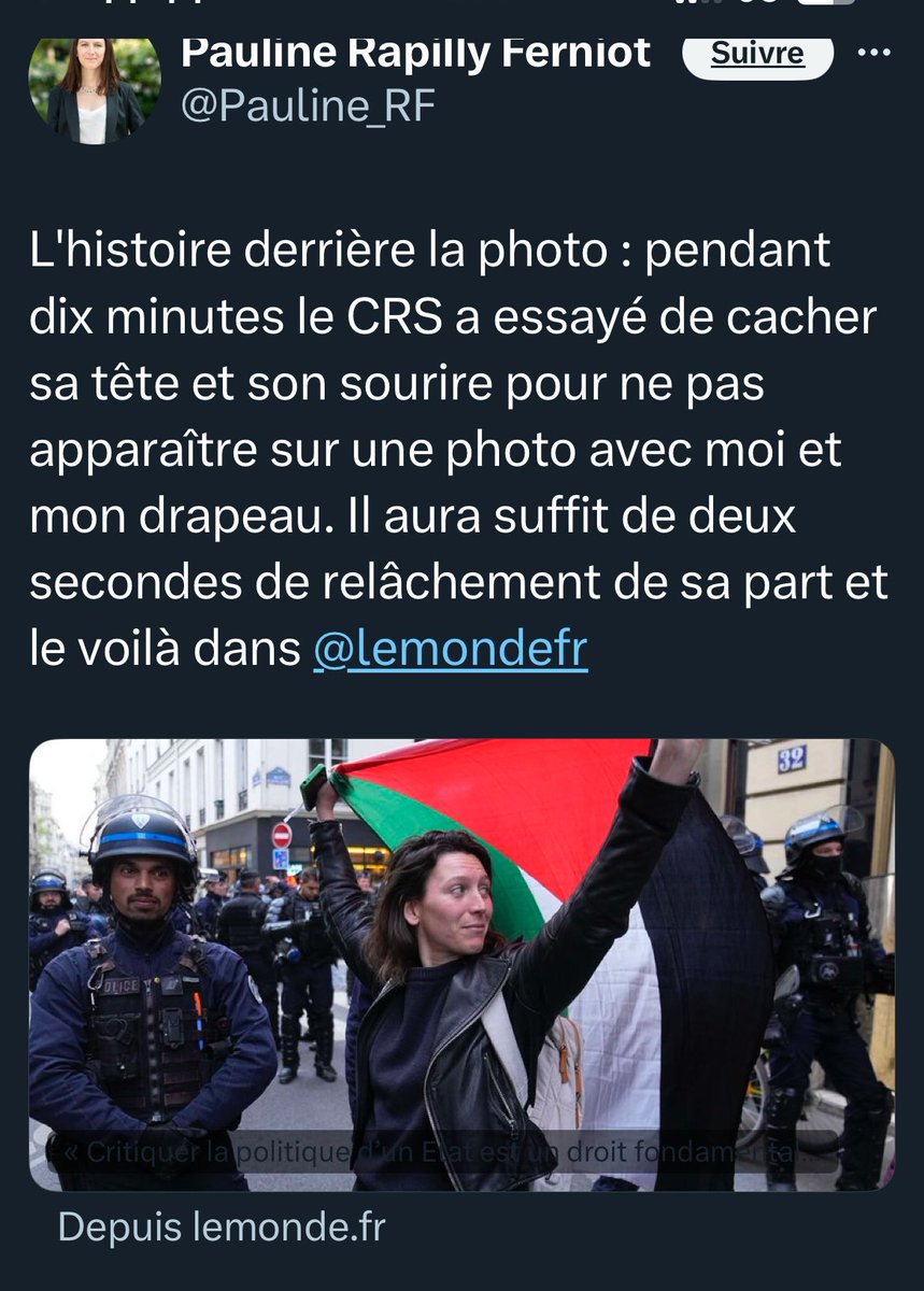 Madame @Pauline_RF #EELV Vous êtes fière de cette action ? C’est pour votre campagne électorale pour les Européennes ? Pour votre information ce n’est pas un #CRS . Avez vous entendu parler du droit à l’image ? Il serait judicieux d’effacer ce tweet.