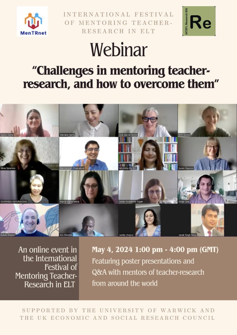 Registration closes tomorrow (May 2nd):
IATEFL Research SIG and MenTRnet webinar, Saturday May 4th, 14:00–17:00 UK time
The programme is now available!: mentoring-tr.weebly.com/uploads/7/3/1/…
Register for free here: iatefl.org/events/538