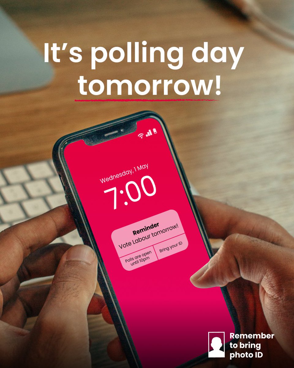🚨 Local Election Warning - Make your plan to vote 🚨 📍 Find your polling station at iwillvote.org.uk ⏰ Decide what time you're going to vote at 👬Make a plan to go to the polling station with your friends and family 🪪 Bring photo ID to vote 🌹 Vote @UKLabour