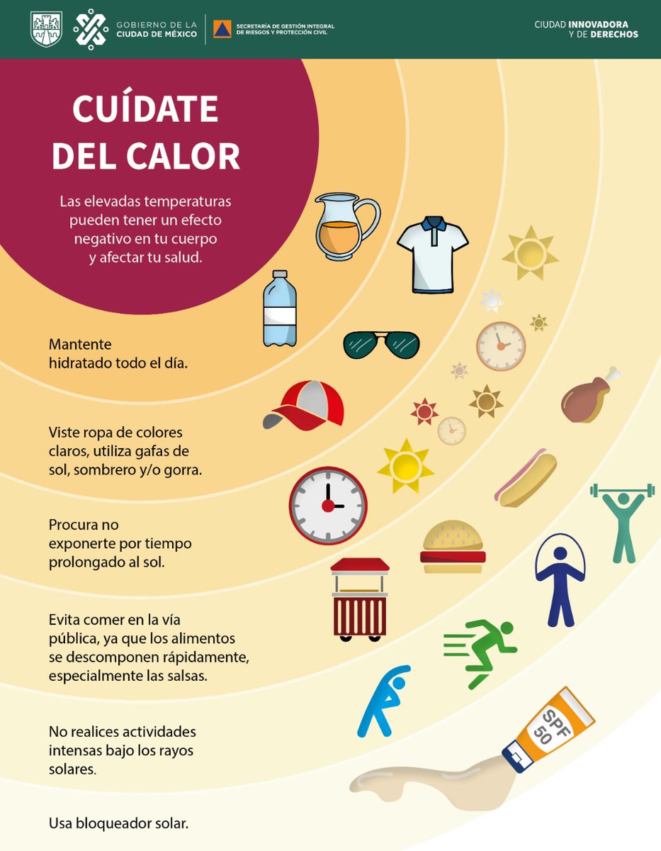 En esta época de calor, sigue las recomendaciones: 🟡Utiliza gafas y gorra 🟡Usa bloqueador 🟡Mantente hidratado 🟡No exponerse al sol por tiempo prolongado 🟡Evita comer en la vía pública, los alimentos se descomponen rápidamente #LaPrevenciónEsNuestraFuerza