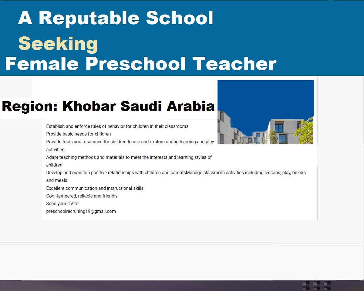 Female  Preschool Teachers Job - Khobar/Dammam Saudi Arabia #jobseekers #jobalert #jobsearch #jobopportunity