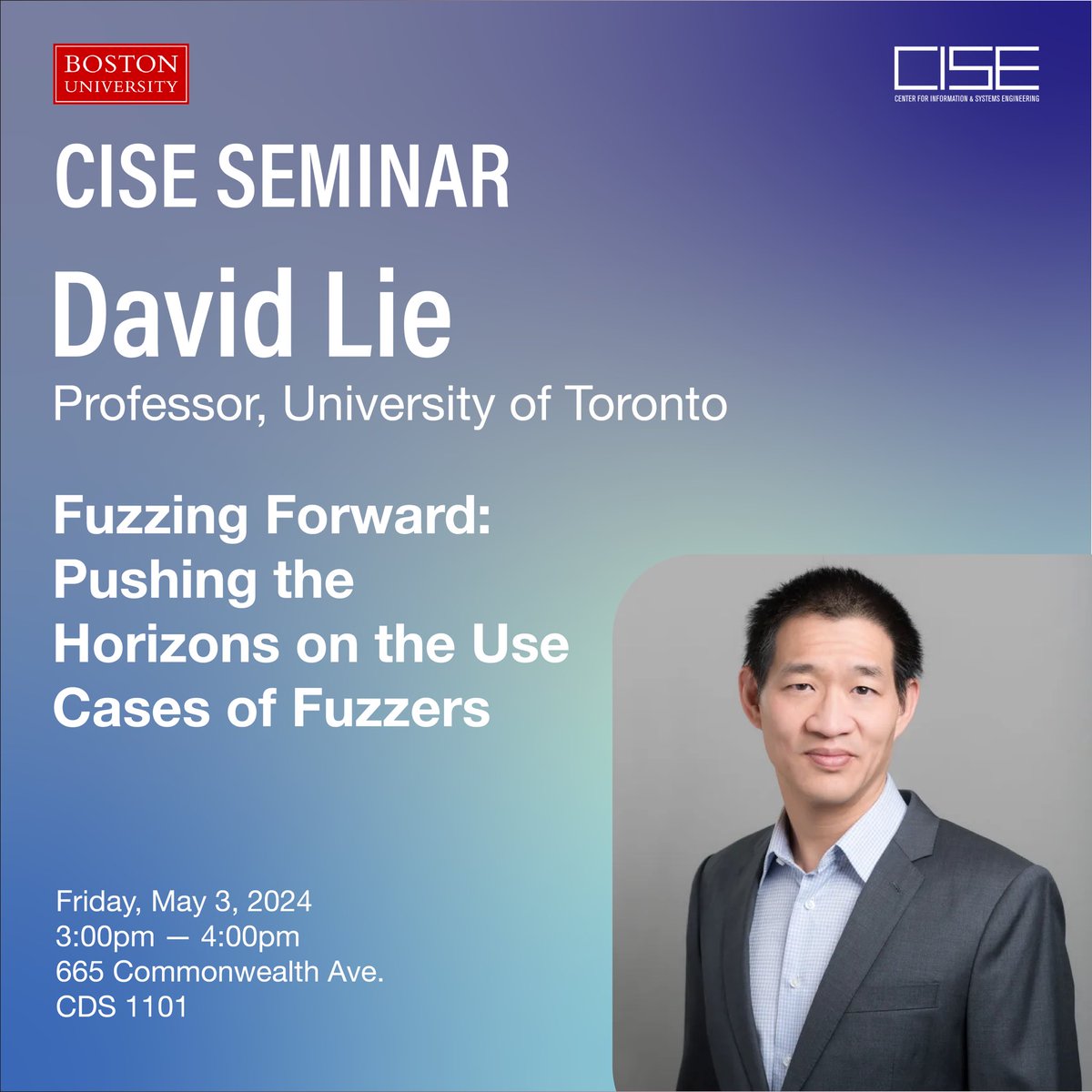 Join us this Friday to hear David Lie's CISE Seminar at CDS 1101 from 3-4PM! Read the abstract here: bu.edu/cise/cise-semi…