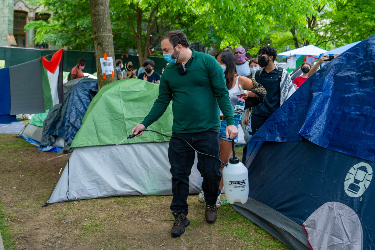 An unknown individual was detained @Penn this morning after he walked through the encampment and sprayed an odorous unknown substance on signs in the encampment.