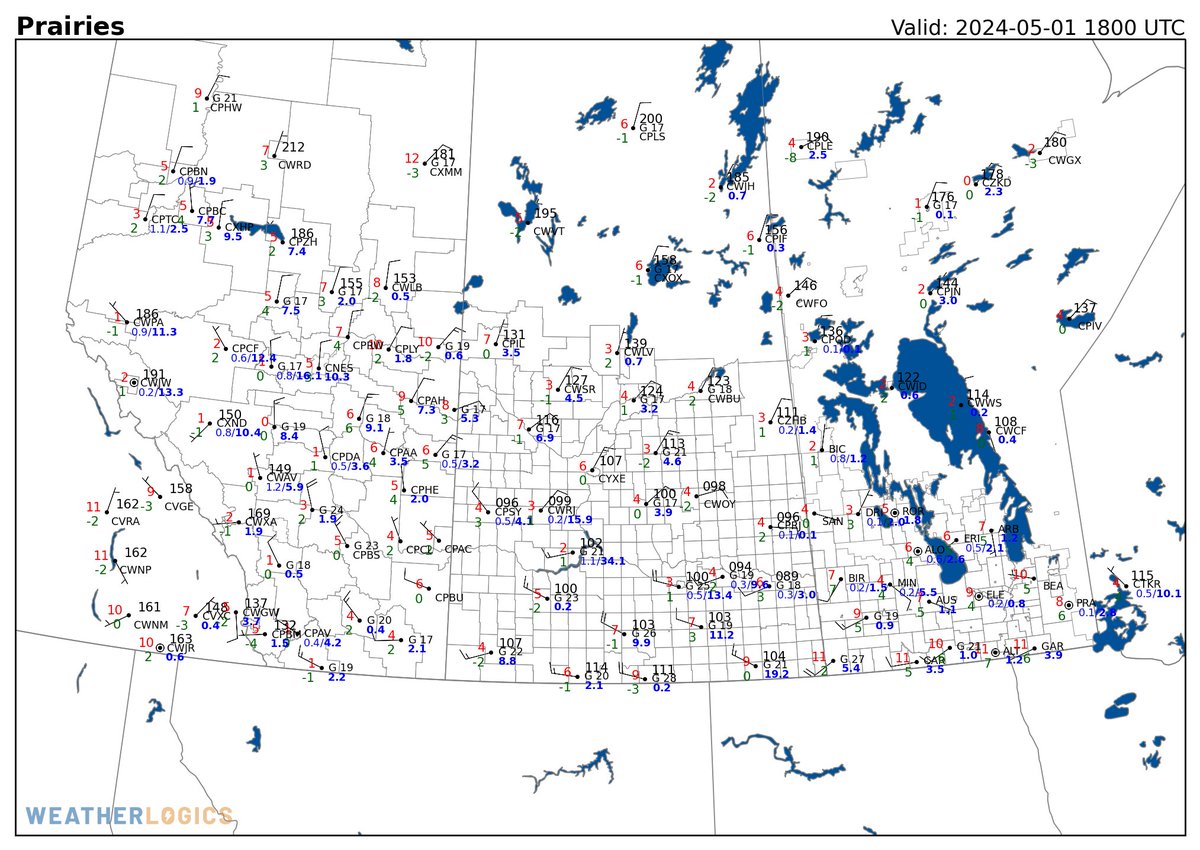 Rain has been falling across the Prairies today. The map below displays today's totals in bold blue. This wet pattern is expected to continue throughout the week as a series of low-pressure systems move through. #mbstorm #skstorm #abstorm