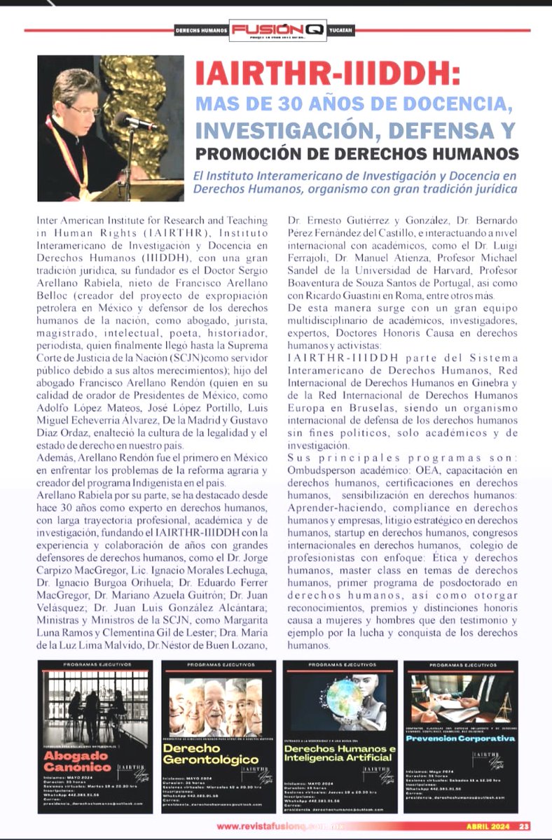 ArellanoRabiela's tweet photo. Agradezco a Arturo Mendez, la publicación de #IAIRTHR #IIIDDH, Director Gral. de la Revista Fusión Q, dando a conocer trabajados permanentes que llevamos a cabo en la defensa de los derechos humanos, tanto en el Estado Mexicano como a nivel internacional. #SergioArellanoRabiela https://t.co/dYMbdGHPEC